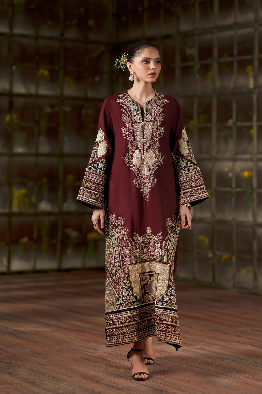 Ethnc /104/414 Luxury Silk Embroidered 3 Pc Unstitched Kaftan Suit