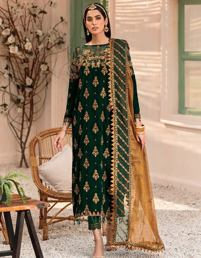 Emaan Adeel Makhmal Unstitched Luxury Velvet 3Pc Embroidered Suit Green