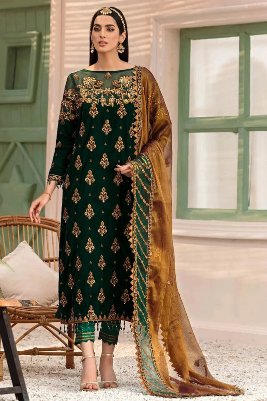 Emaan Adeel Makhmal Unstitched Luxury Velvet 3Pc Embroidered Suit Green