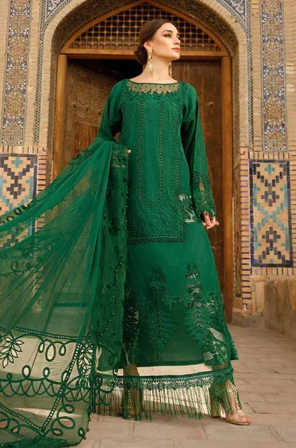 Maria B - 3PC Lawn Embroidered Shirt with Organza Embroidered Dupatta and Lawn Self Print Trousers