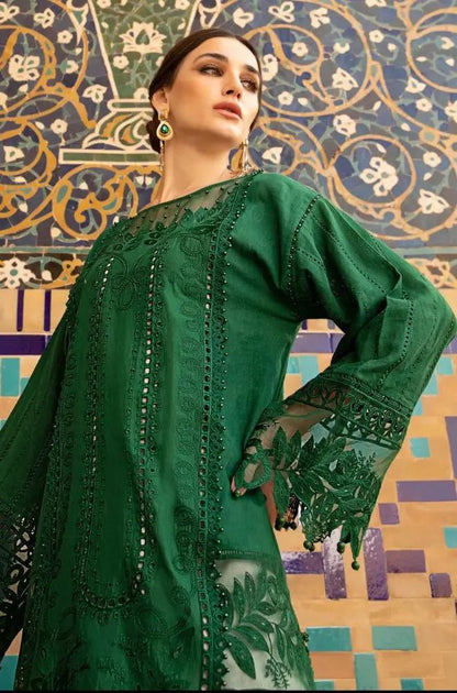 Maria B - 3PC Lawn Embroidered Shirt with Organza Embroidered Dupatta and Lawn Self Print Trousers