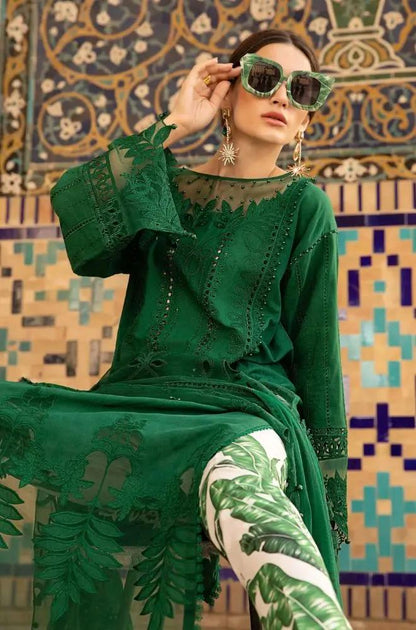 Maria B - 3PC Lawn Embroidered Shirt with Organza Embroidered Dupatta and Lawn Self Print Trousers