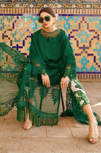 Maria B - 3PC Lawn Embroidered Shirt with Organza Embroidered Dupatta and Lawn Self Print Trousers