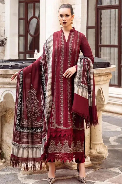 Maria B - 3PC Unstitched Dhanak Embroidered Shirt with Printed Wool Shawl and Trouser