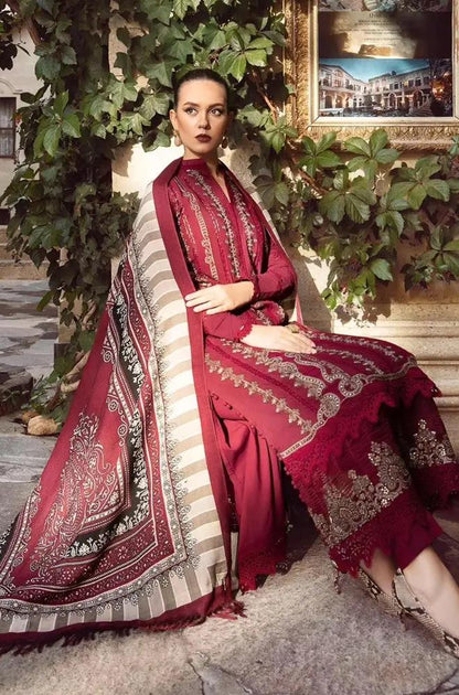 Maria B - 3PC Unstitched Dhanak Embroidered Shirt with Printed Wool Shawl and Trouser
