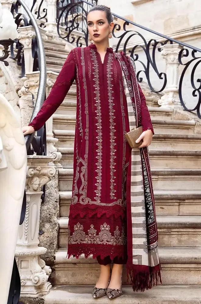 Maria B - 3PC Unstitched Dhanak Embroidered Shirt with Printed Wool Shawl and Trouser