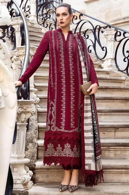 Maria B - 3PC Unstitched Dhanak Embroidered Shirt with Printed Wool Shawl and Trouser