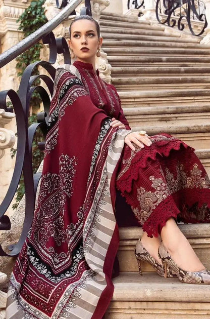 Maria B - 3PC Unstitched Dhanak Embroidered Shirt with Printed Wool Shawl and Trouser