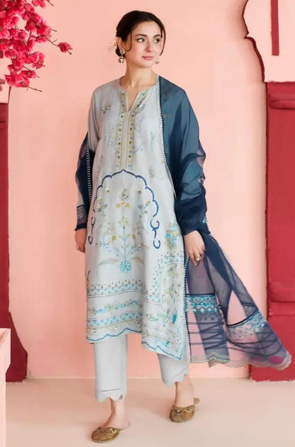 Mishkaa - 3PC Lawn Embroidered Shirt with Embroidered Khadi Net Dupatta (Unstitched)