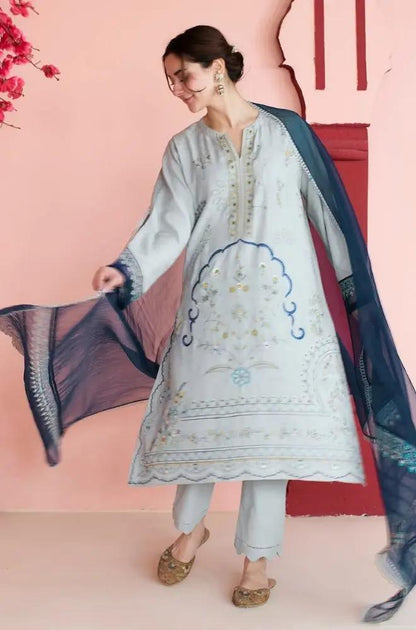 Mishkaa - 3PC Lawn Embroidered Shirt with Embroidered Khadi Net Dupatta (Unstitched)