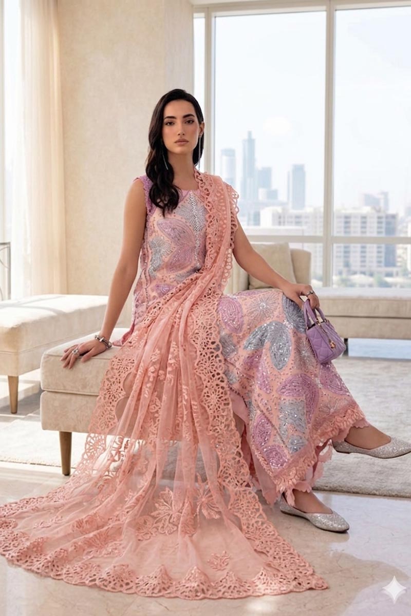 Maria B Luxury Lawn Embroidered Unstitched 3PC Suit Butterfly Pink