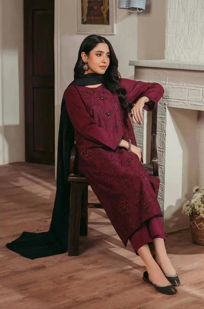 Nishat - 3PC Unstitched Dhanak Embroidered Shirt with Embroidered Dhanak Shawl