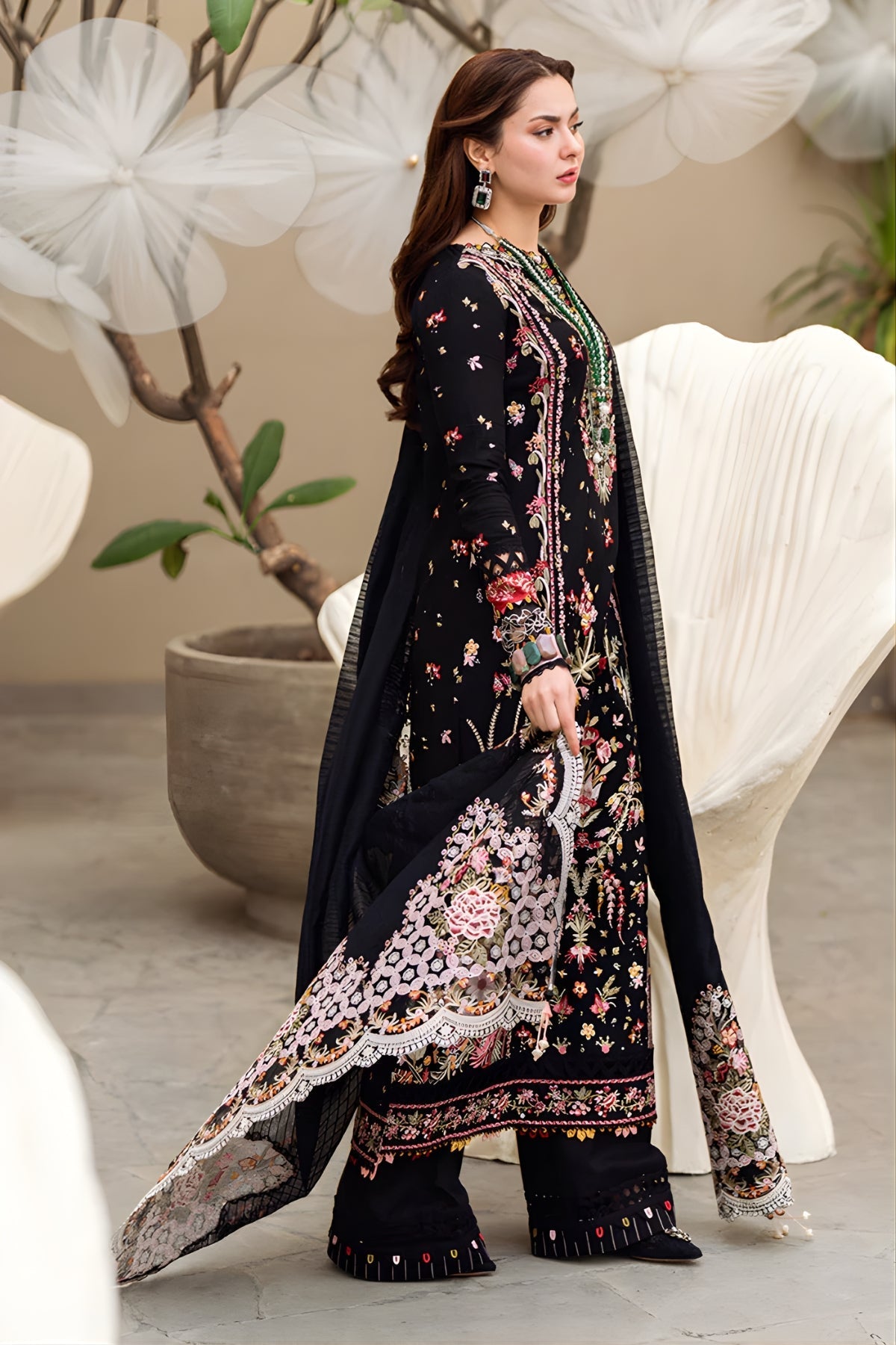 Qalamkar 3PC Lawn Embroidered Shirt with Embroidered Khaddi Net Dupatta (Unstitched)