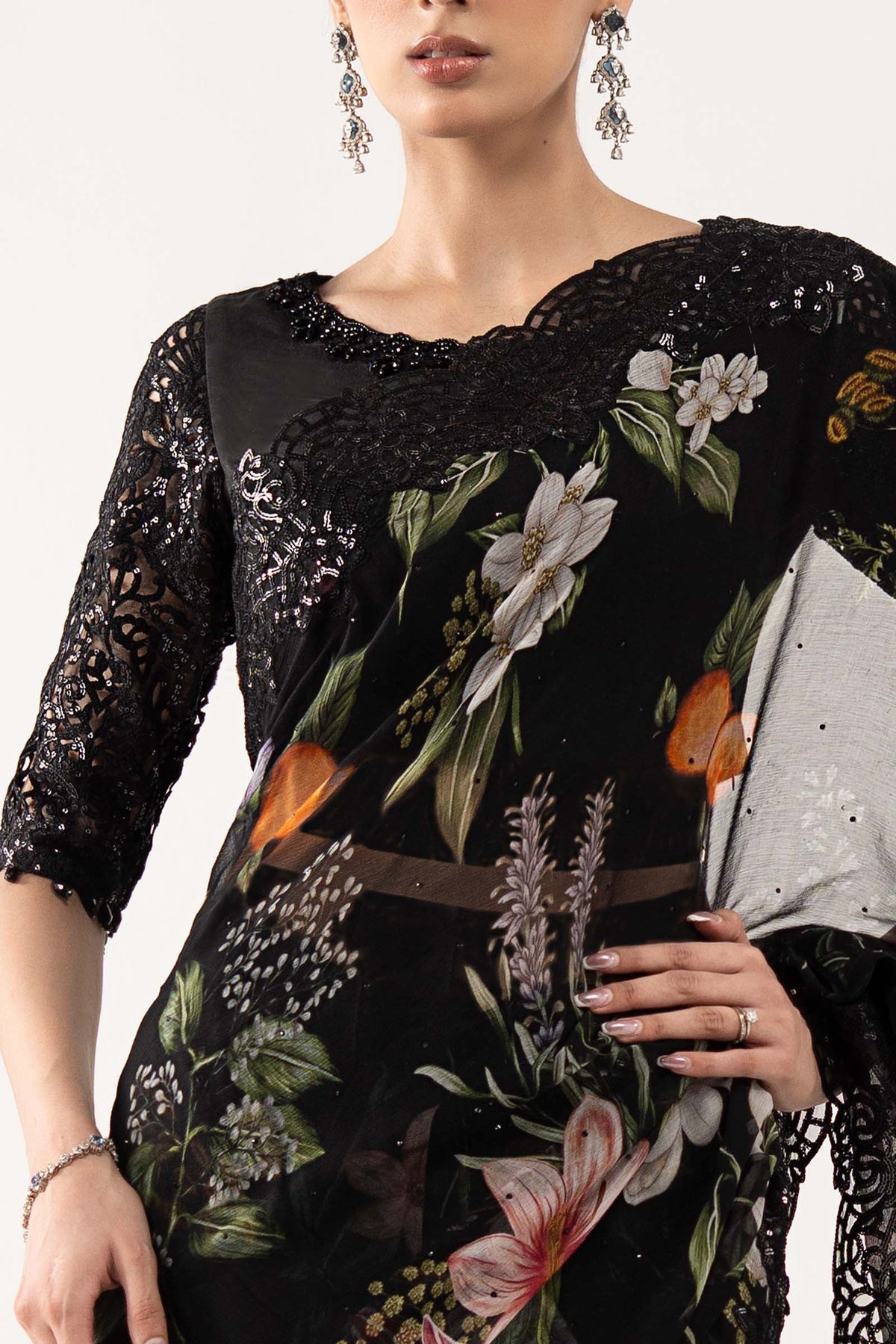 Maria B Luxury Chiffon Embroidered 3Pc Unstitched Suit SF - Black