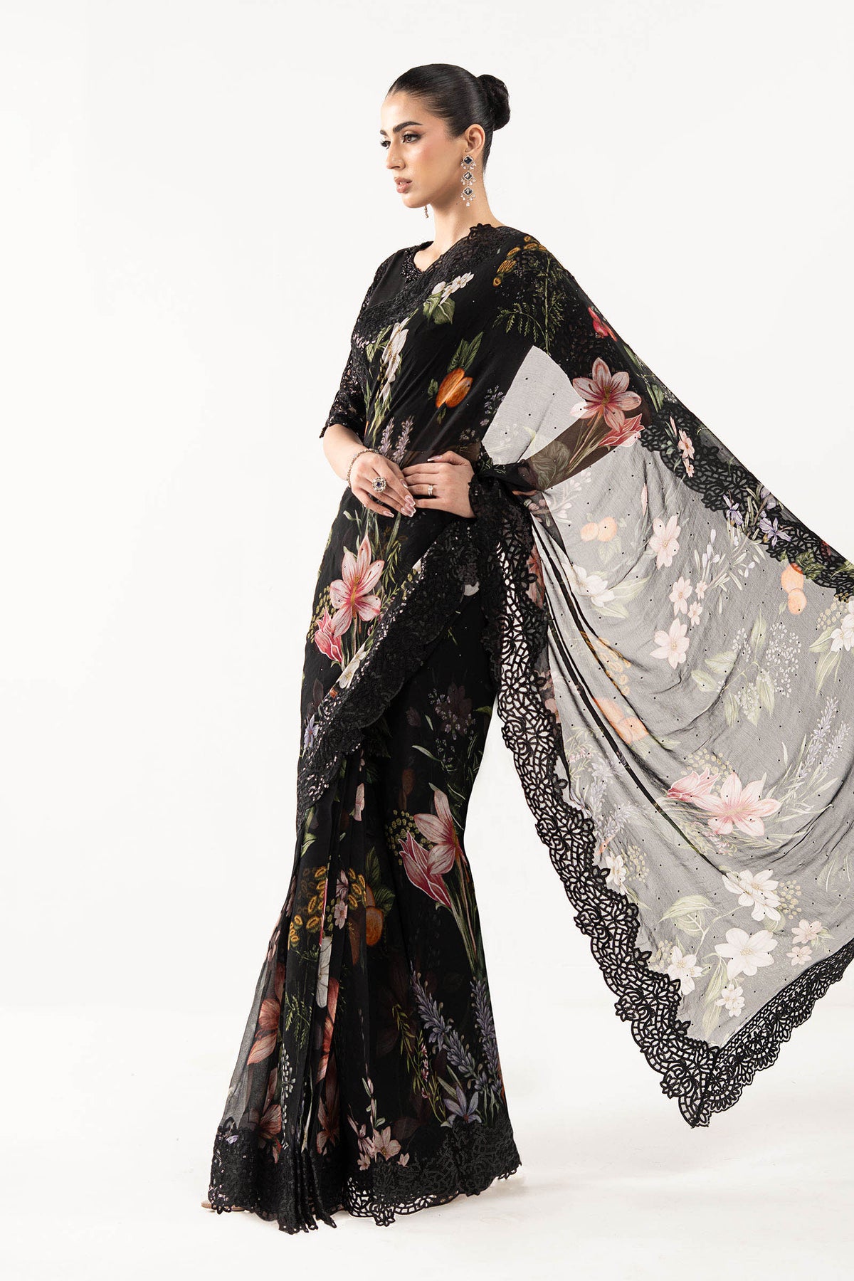 Maria B Luxury Chiffon Embroidered 3Pc Unstitched Suit SF - Black