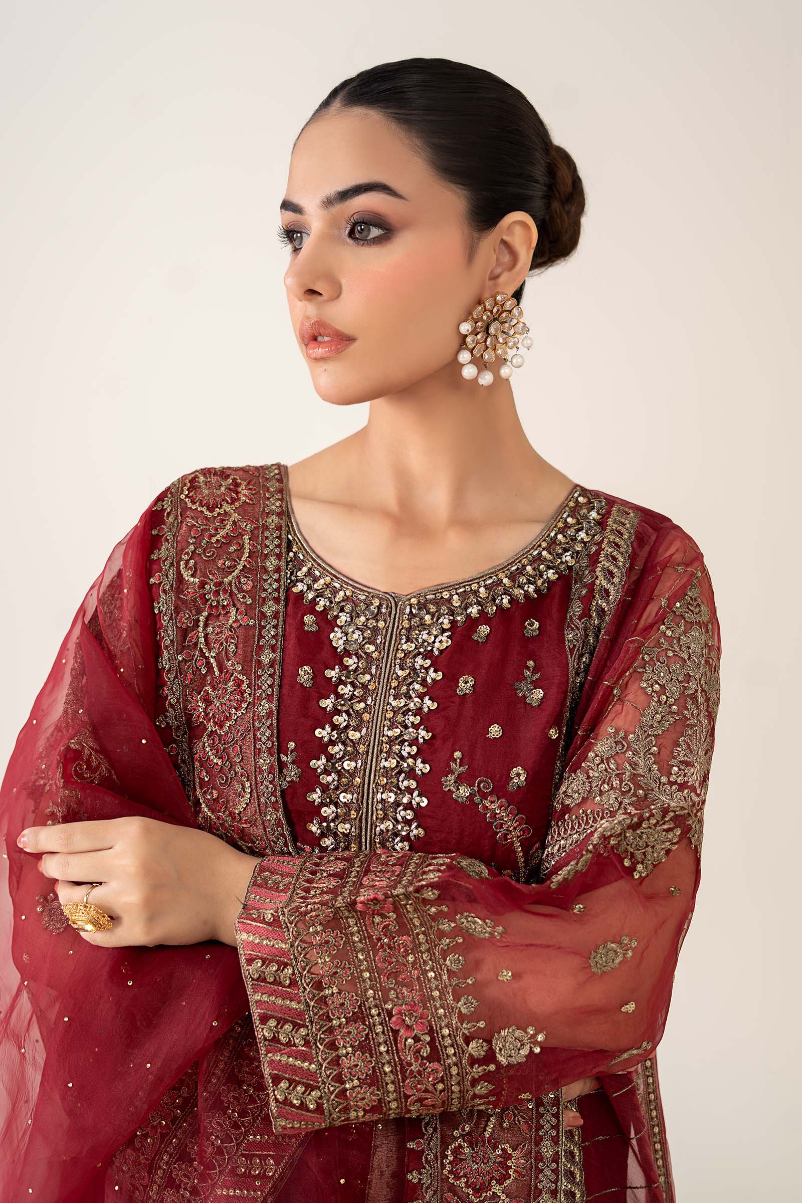 Maria.B Luxry Raw Silk Hand Embellishment Suit SF - Maroon