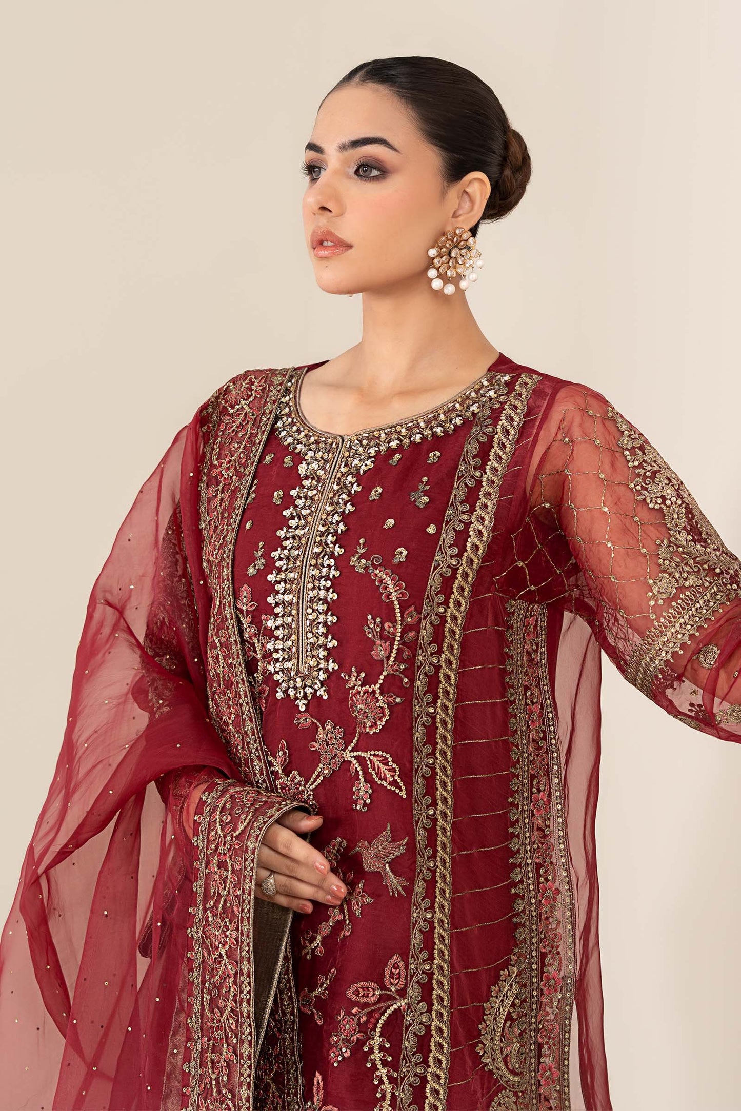 Maria.B Luxry Raw Silk Hand Embellishment Suit SF - Maroon