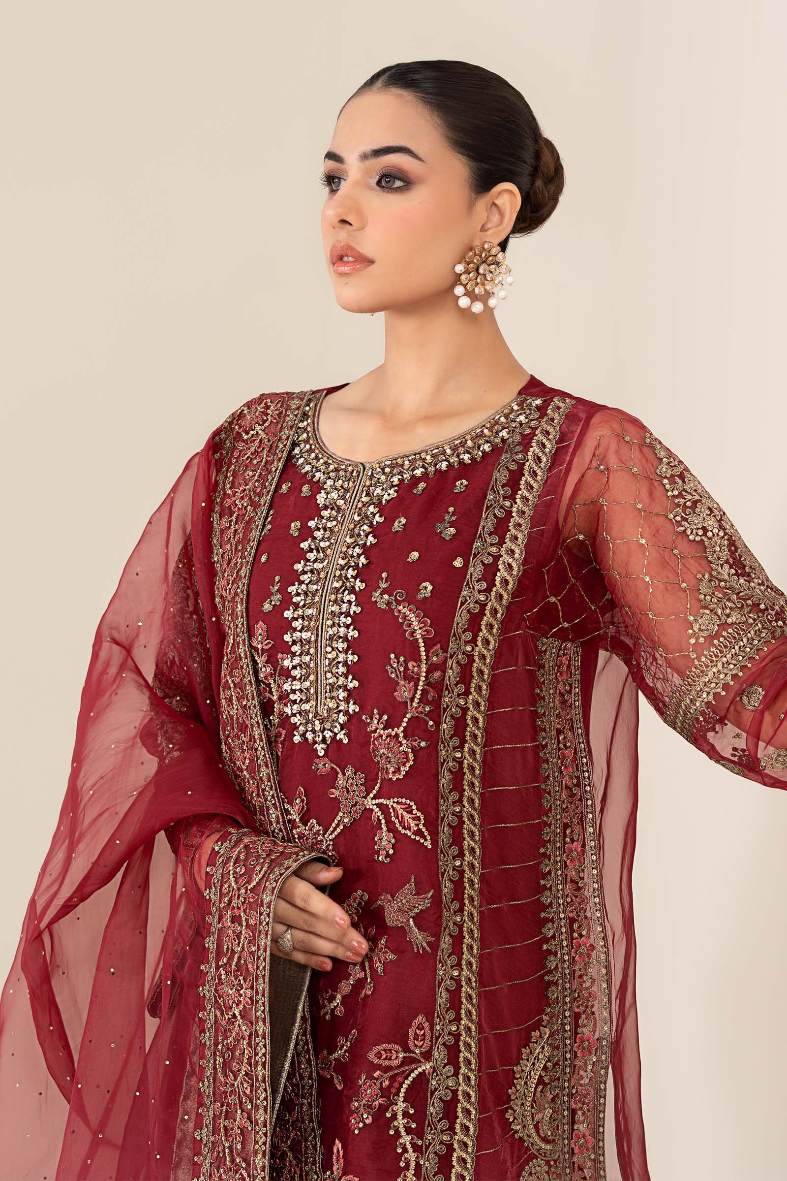 Maria.B Luxry Raw Silk Hand Embellishment Suit SF - Maroon