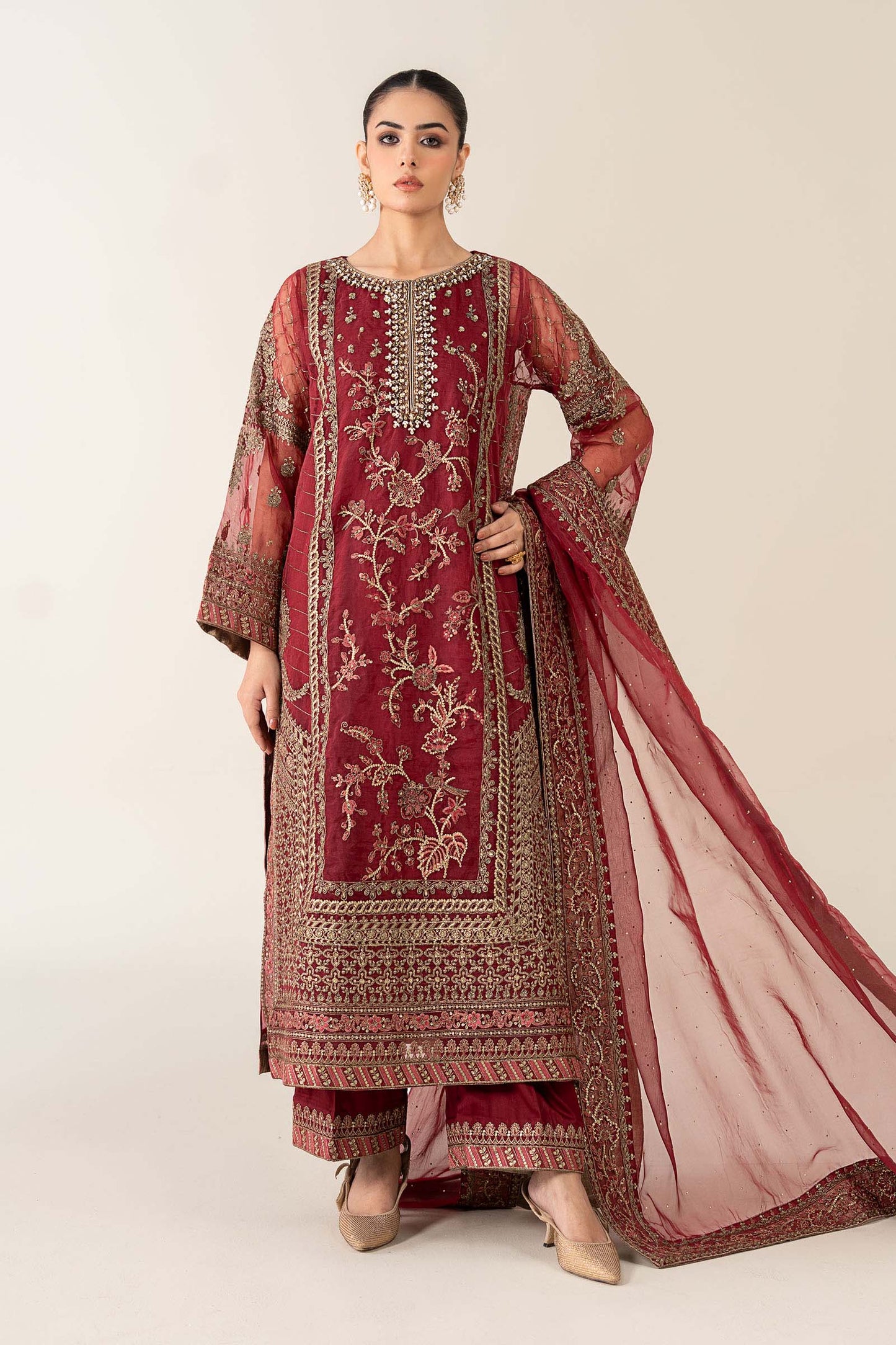 Maria.B Luxry Raw Silk Hand Embellishment Suit SF - Maroon