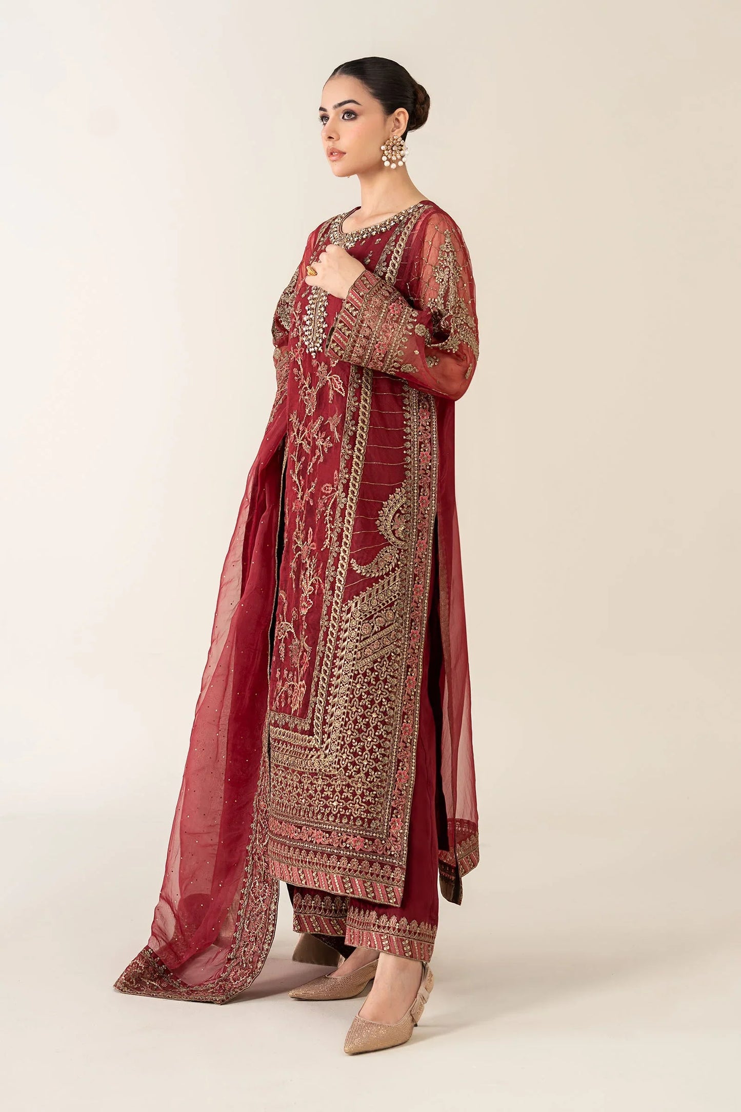 Maria.B Luxry Raw Silk Hand Embellishment Suit SF - Maroon