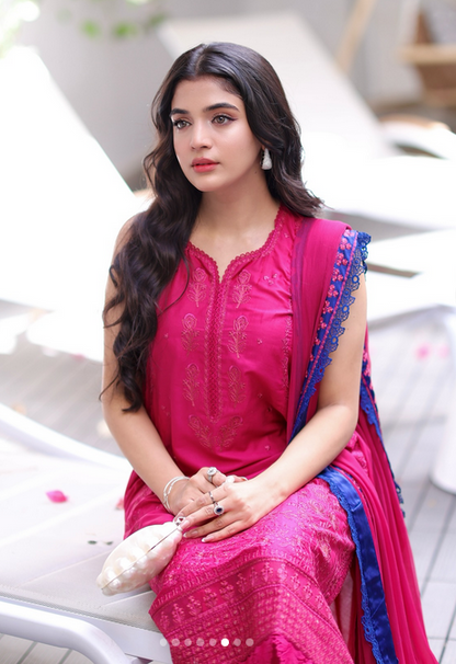 Republic Womenswear Luxury Lawn Embroidered 3 Pc Unstitched Suit Shocking Pink