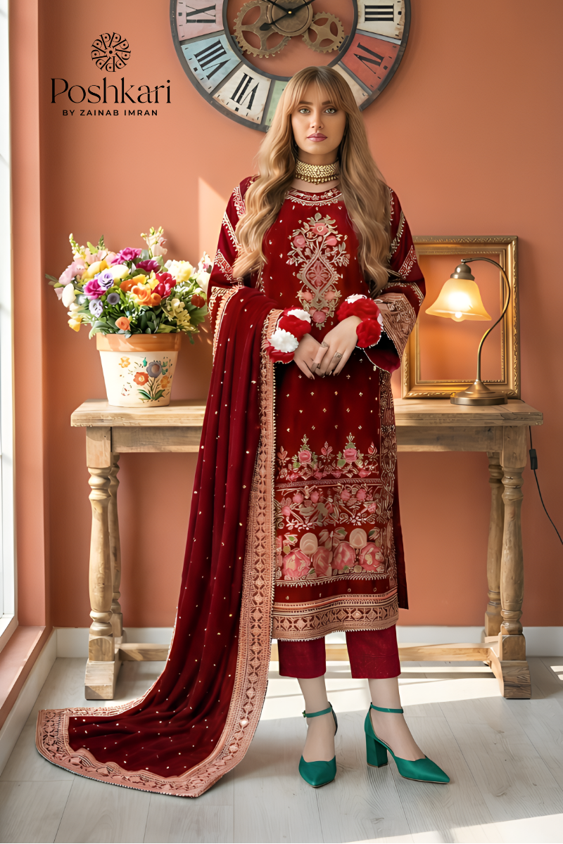 Aneelas Luxury Velvet Unstitched Embroidered Collection with velvet Shawl