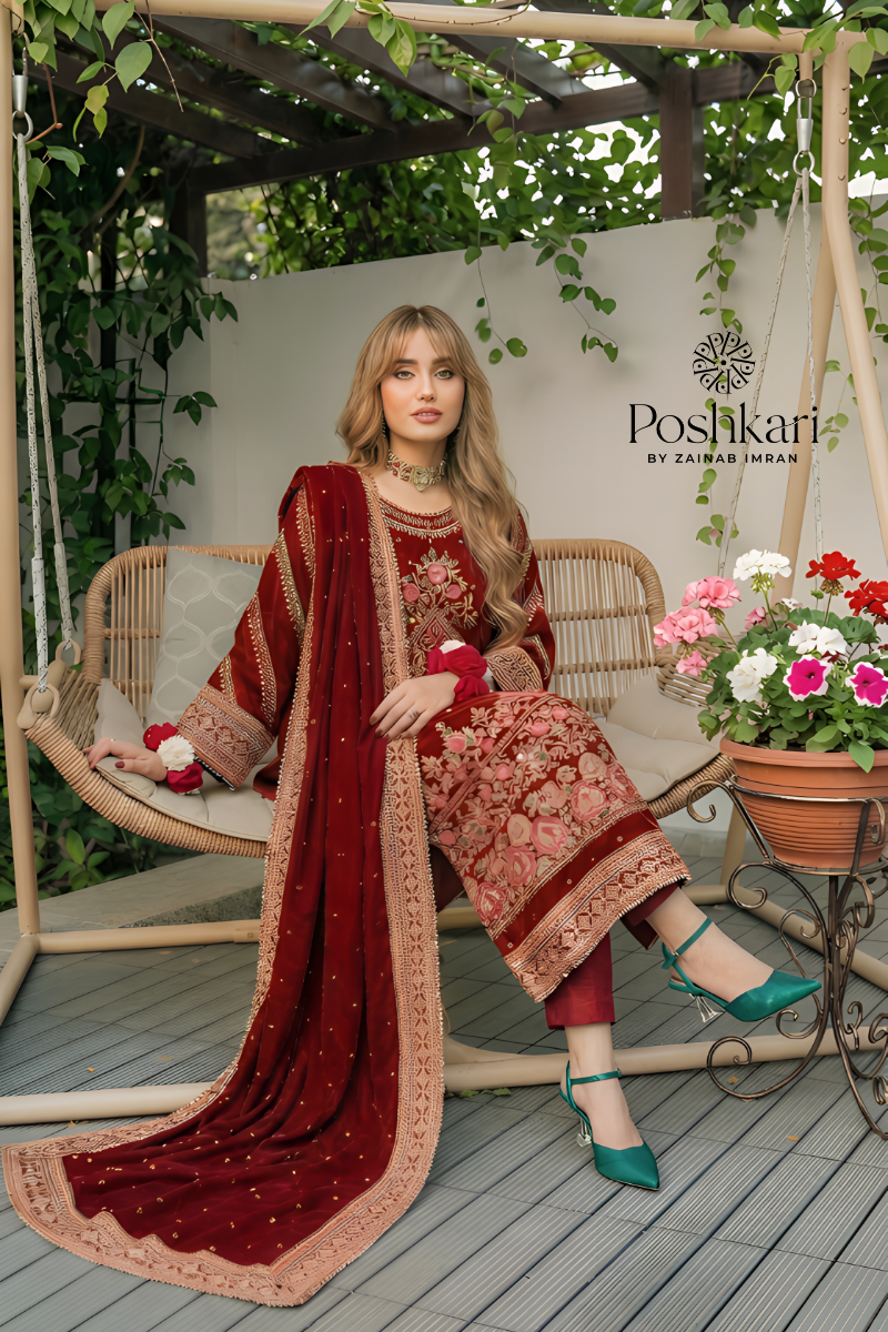 Aneelas Luxury Velvet Unstitched Embroidered Collection with velvet Shawl