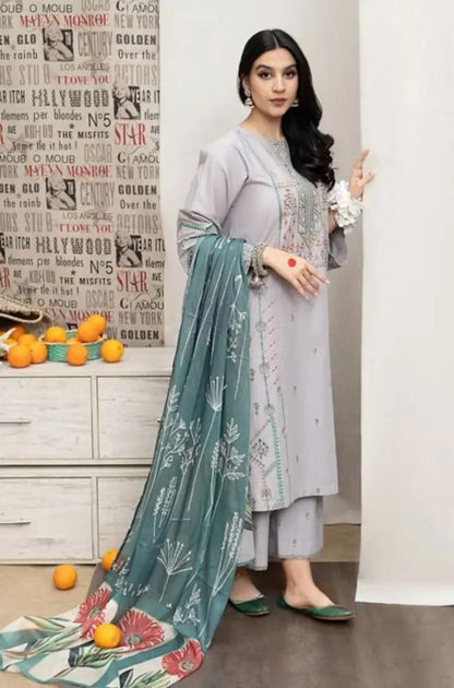 Urge - 3PC Unstitched Dhanak Embroidered Shirt with Printed Pashmina Shawl and Embroidered Trouser