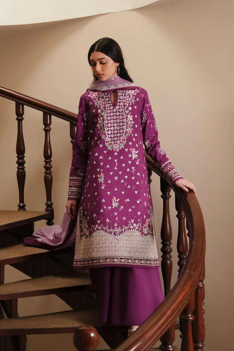 Afrozeh Luxury Lawn Embroidered Unstitched 3pc Suit - Lilac