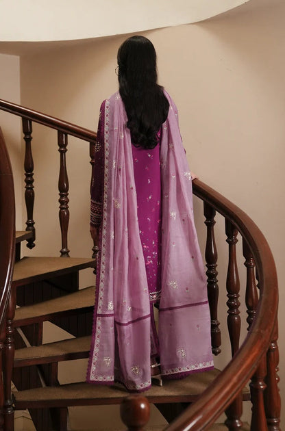 Afrozeh Luxury Lawn Embroidered Unstitched 3pc Suit - Lilac