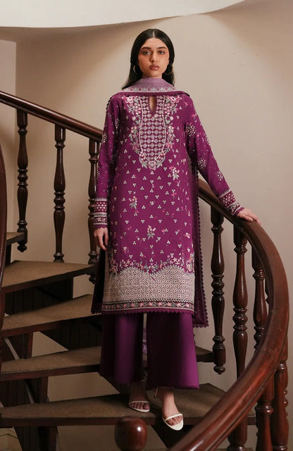 Afrozeh Luxury Lawn Embroidered Unstitched 3pc Suit - Lilac