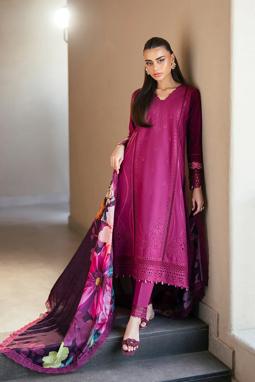 Azure Luxury Embroidered Lawn 3 Piece Unstitched Suit WINE MIRAGE