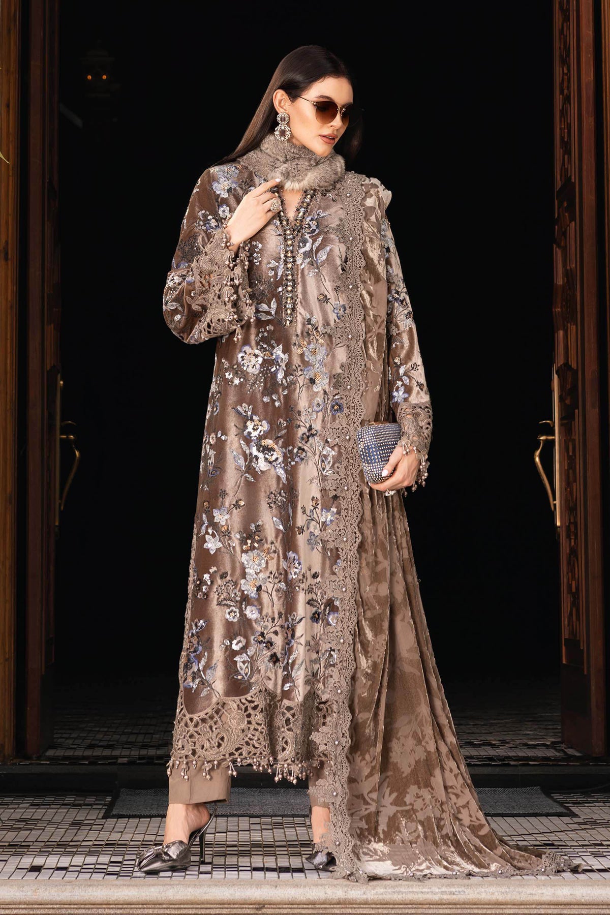 Maria.B Winter Luxe Embroidered Velvet Unstitched 3Pc Suit Palaichi Shawl