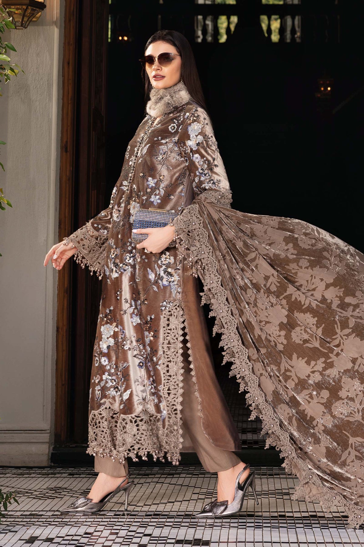 Maria.B Winter Luxe Embroidered Velvet Unstitched 3Pc Suit Palaichi Shawl