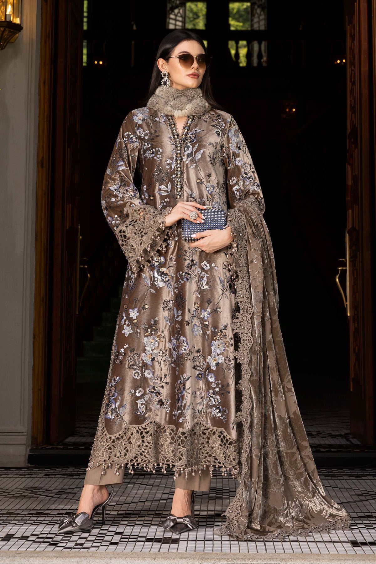 Maria.B Winter Luxe Embroidered Velvet Unstitched 3Pc Suit Palaichi Shawl