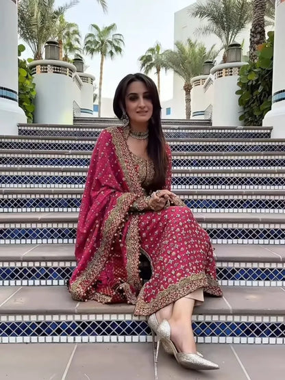 Poshkari Luxury Embroidered Chiffon Collection Shocking Pink