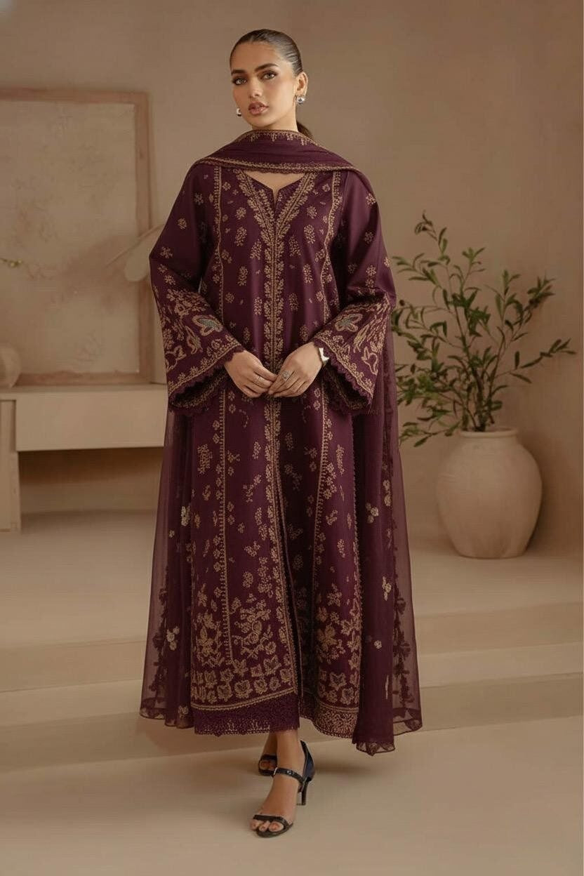 Afrozeh - Luxury Lawn Embroidered 3 Piece Unstitched - Maroon