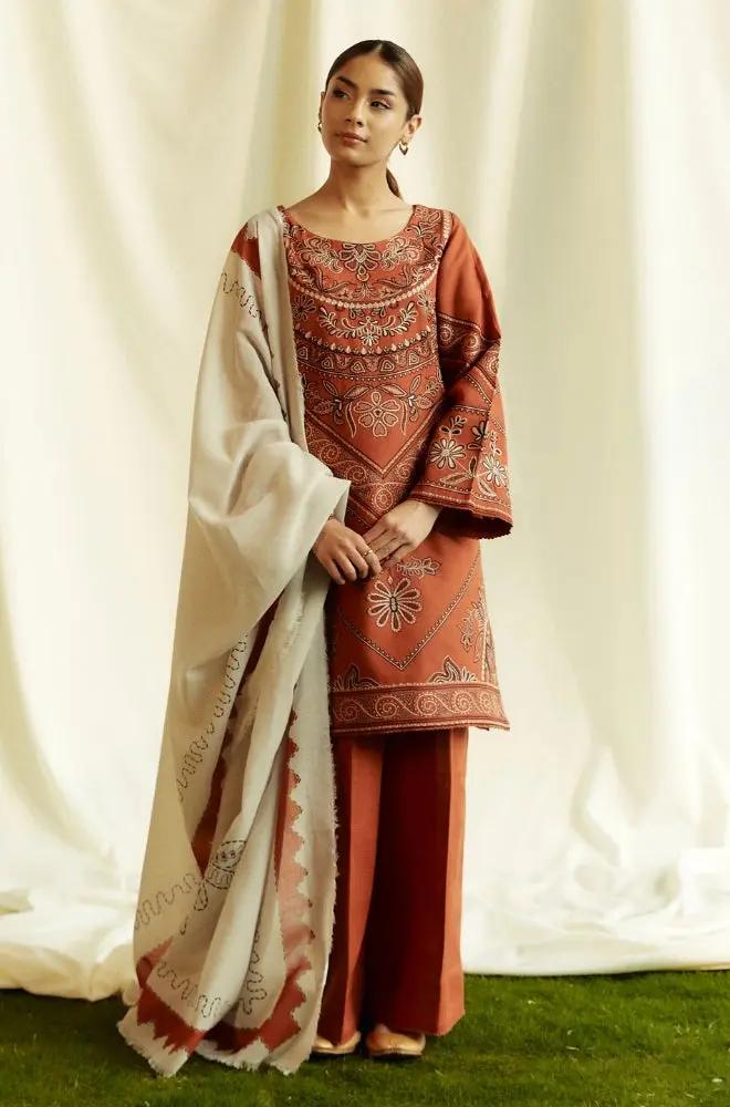 Zara Shah Jahan - 3PC Unstitched Dhanak Embroidered Shirt with Printed Pashmina Shawl and Trouser