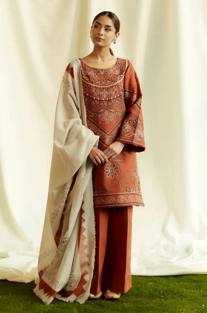 Zara Shah Jahan - 3PC Unstitched Dhanak Embroidered Shirt with Printed Pashmina Shawl and Trouser