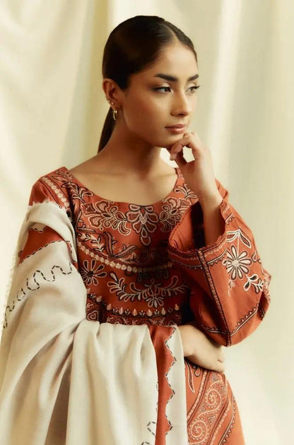 Zara Shah Jahan - 3PC Unstitched Dhanak Embroidered Shirt with Printed Pashmina Shawl and Trouser