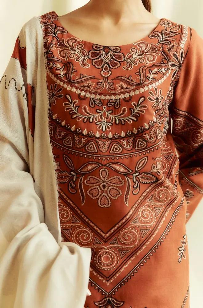 Zara Shah Jahan - 3PC Unstitched Dhanak Embroidered Shirt with Printed Pashmina Shawl and Trouser