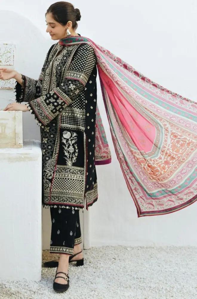 Zara Shah Jahan - 3PC Unstitched Lawn Embroidered Shirt with Digital Printed Silk Dupatta and Embroidered Trousers