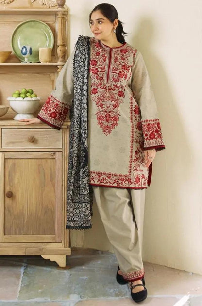 Zara Shah Jahan - 3PC Unstitched Lawn Embroidered Shirt with Digital Printed Silk Dupatta and Embroidered Trousers