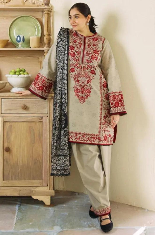 Zara Shah Jahan - 3PC Unstitched Lawn Embroidered Shirt with Digital Printed Silk Dupatta and Embroidered Trousers