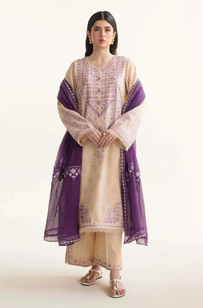 Zara Shah Jahan - 3PC unstiched Lawn Embroidered Shirt With Printed Slub net Dupata and Plan Trouser