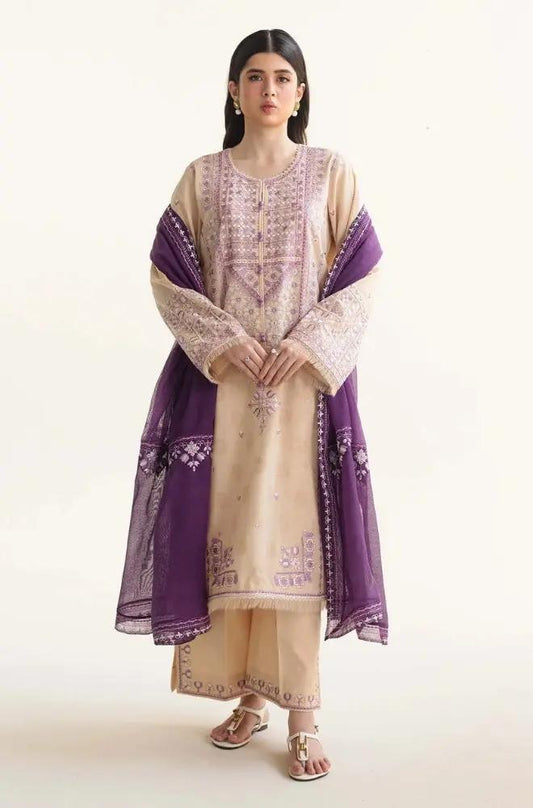 Zara Shah Jahan - 3PC unstiched Lawn Embroidered Shirt With Printed Slub net Dupata and Plan Trouser