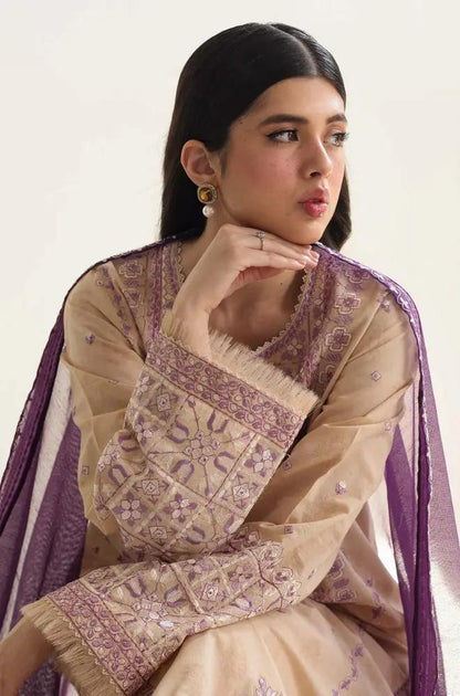Zara Shah Jahan - 3PC unstiched Lawn Embroidered Shirt With Printed Slub net Dupata and Plan Trouser