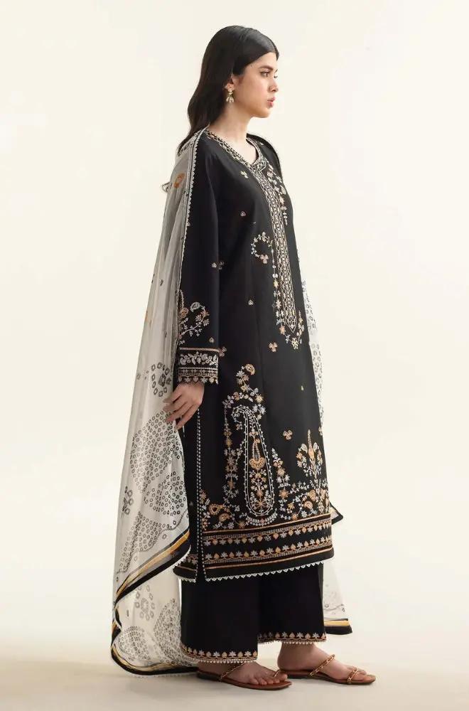 Zara Shah Jahan - 3PC unstiched Lawn Embroidered Shirt With Slub net Dupata and Plan Trouser