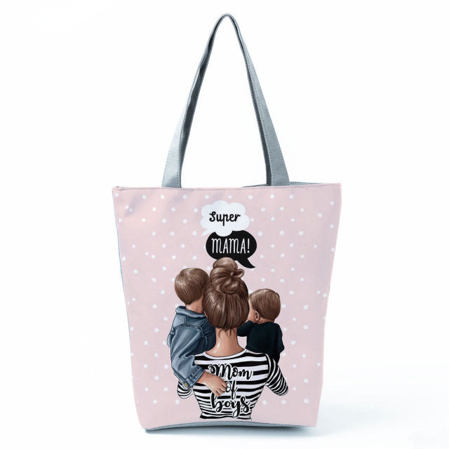 Cute Cartoon Super Mama Print Tote Bag Travel Shoulder