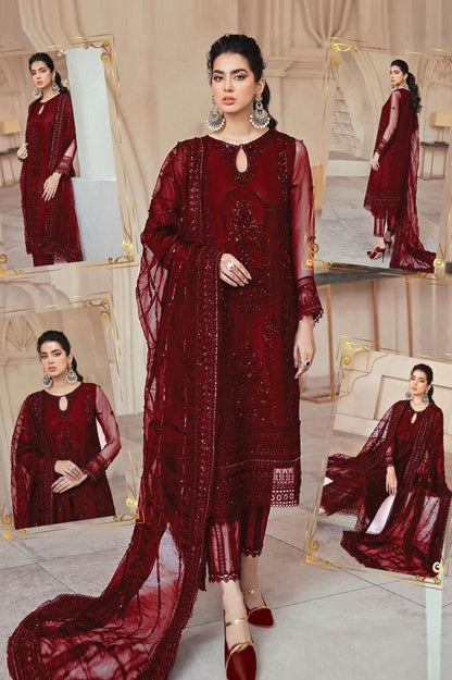 Mushq Maroon Formal Unstitched 3 Pieces With Hand Work
